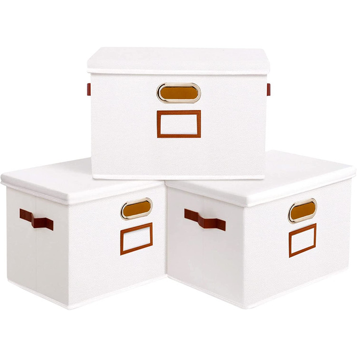 Ящик для зберігання OUTBROS з кришкою і ручкою, складаний ящик для зберігання з тканини кошика для зберігання з кишенею для етикеток, органайзер для іграшок, одягу, книг, 32 х 23 х 20 см 3 шт. и (білий, дуже великий (3 упаковки))