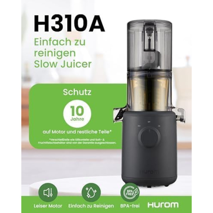 Шовковий відцентровий соковичавник Hurom H310 | Електричний соковичавник для овочів та фруктів | BPA Free | 150 Вт | Легкий у чищенні | Стильний дизайн, Антрацит