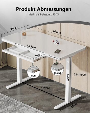 Електричний письмовий стіл Homall зі скляною стільницею, 140x70 см, з регулюванням висоти та шухлядою, білий, для дому та офісу