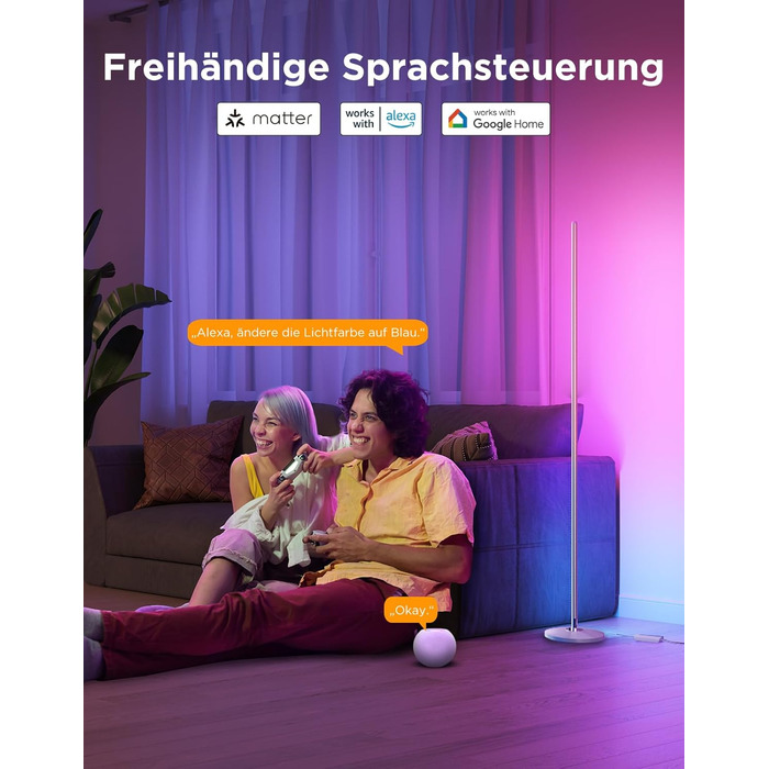Govee RGBIC LED Торшер WiFi, Диммування, Alexa & Matter, 16 млн кольорів, 85 режимів, Музичний режим, DIY, для вітальні, спальні, геймінгу (Срібний, 1 шт)