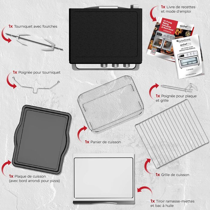 TurboTronic Цифровий Конвекційний Духовий Шовкопряд - XXL 32 літри з поворотним шампуром для курки 5 в 1 Міні-духовка, сушарка та фритюрниця Airfryer від 25°C (Чорний)