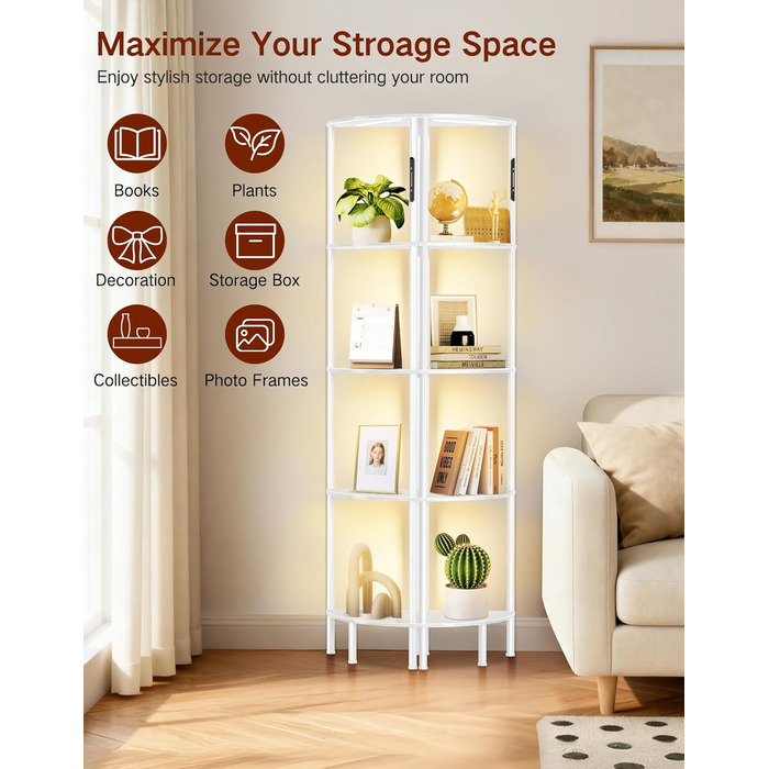 LED торшер з полицею, 3 режими світла, димування (сенсор/пульт), кутова полиця 5-рівнів, вузький книжковий стелаж для вітальні, спальні, офісу (білий)