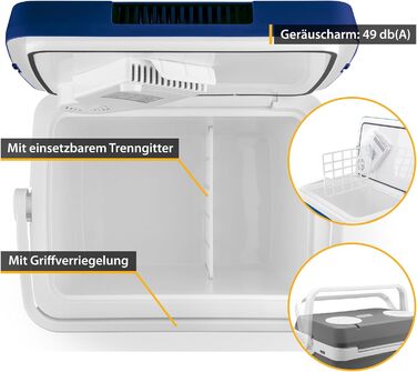 Електричний охолоджувач TZS First Austria 32 літри Підключення 12 вольт і 230 вольт з вилкою 12 В для автомобіля для кемпінгу, фестивалів і подорожей з функцією охолодження та збереження тепла чорний (32 л Синій)