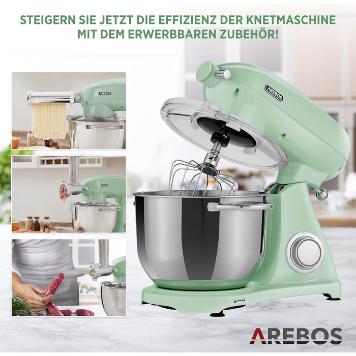Кухонна машина Arebos Retro 1800W з чашею 6L з нержавіючої сталі | Кухонний міксер з 6 насадками (для тіста, збивання, збивання) та захистом від бризок