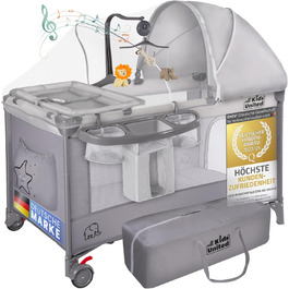 Дитяче ліжко-манеж All Kids United® для подорожей з матрацом, пеленальним столиком, музичним провідником та мобілем (сірий)