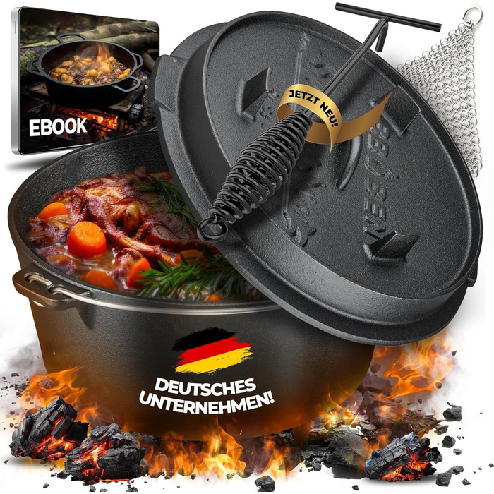 Набір Dutch Oven 9 літрів: каструля-сковорода з масивного чавуну, для приготування на вогні, з сумкою, очищувачем кришки та eBook