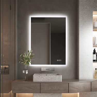 Дзеркало для ванної кімнати Furduzz LED, 70x50 см з підсвічуванням, сенсорним вимикачем, 3 кольори світла, регулювання яскравості, антизапарник, пам'ять налаштувань