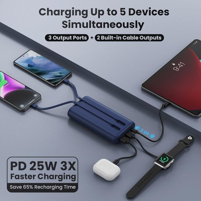 Виходів, 2 входи, вбудовані кабелі, світлодіодні індикатори, 26800mAh, PD 25W QC 4.0, 5