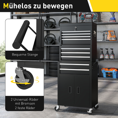 Набір інструментів 3-в-1, інструментальна шафа з 4 колесами, замикається, інструментальний ящик з 9 висувними ящиками, сталь, чорний