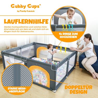 Дитячий лабіринт GUBBY GUPS® з басейном для кульок, баскетбольним кільцем та ворітами для футболу, 188x124x66 см, як допомога для ходьби (сірий, з ігровим килимком, 50 кульок, 4 кільця, 1 сумка)