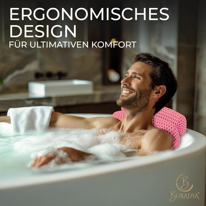 Подушка для ванни з сіткою для прання - Максимальний комфорт та розслаблення з технологією Air Mesh - Подушка для ванни з 7 міцними присосками - Підтримка шиї/голови (Рожева)