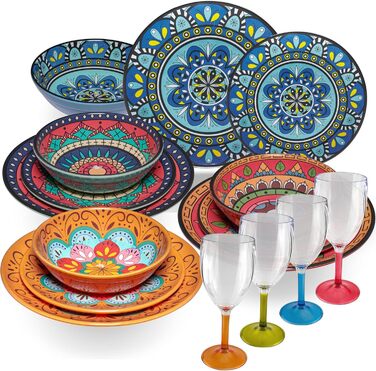 Набір посуду з меламіну Тоскана Пастель для 4 осіб - кольоровий - з мандала-орнаментом. Підходить для миття в посудомийній машині. Ідеально для кемпінгу, подорожей, фестивалів, пікніків та вечірок на природі (16 предметів: келихи 290 мл, кольоровий стіл)