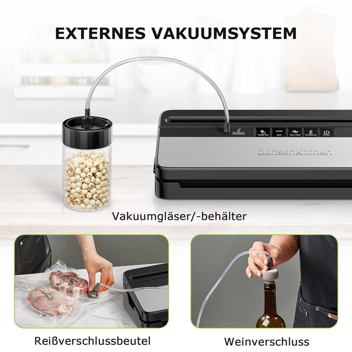 Вакууматор для продуктів Bonsenkitchen для сухих та вологих продуктів з вбудованим різачем, чорний (комплект з рулоном та пакетами)