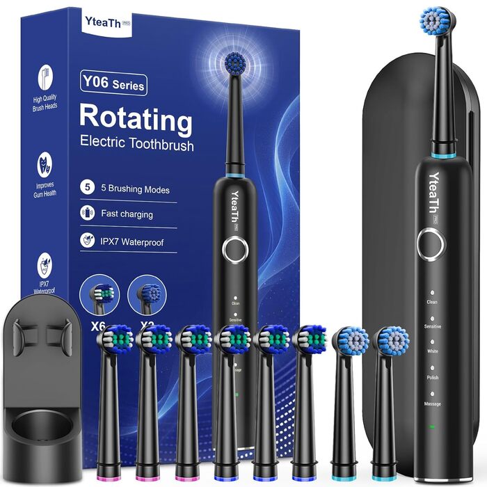 Електрична зубна щітка ротаційного типу для дорослих та дітей з 8 насадок, зарядний станція з кріпленням на стіну, 5 режимів чищення та дорожній футляр, 60 днів роботи від акумулятора, чорний
