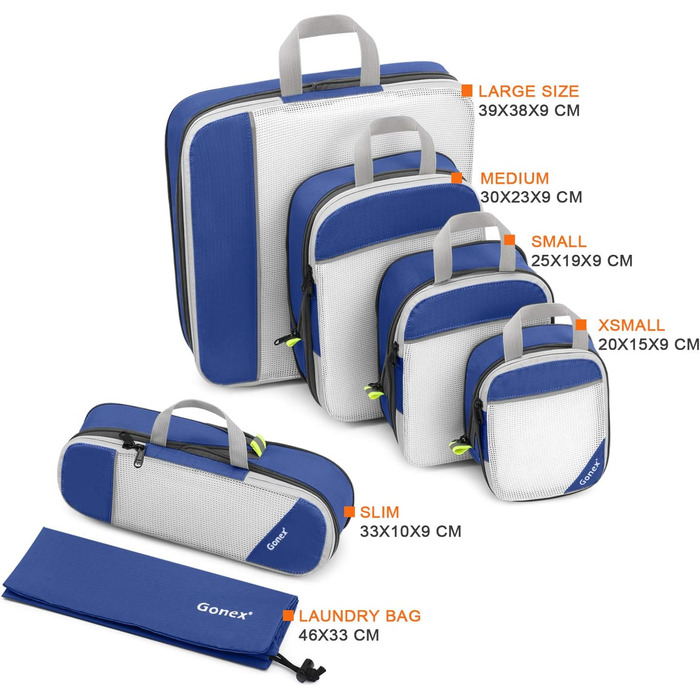 Набір компресійних органайзерів для одягу в подорож Gonex, 6 предметів, темно-синій — міцні сумки-пакувальники для валізи