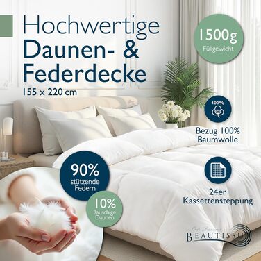 Пухова ковдра Beautissu для будь-якої пори року з 100% пуху та пера – Made in Germany – сертифікація Oeko-Tex, Downpass & Nomite – 100% бавовняний чохол. Можливість прання. Розмір 135x200 см (155x220 см)