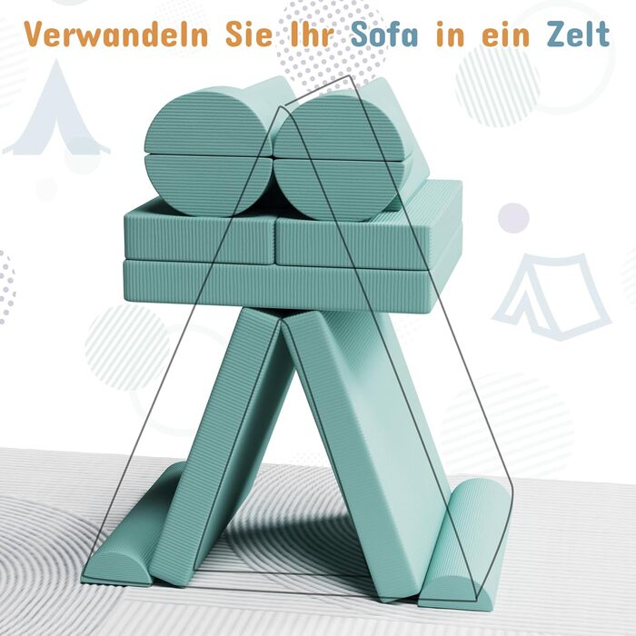 Дитяче ігрове диван-крісло, 15-ти частинний модульний диванчик, розкладний диван для дітей, сертифікат Oeko-TEX®100, диван з пінопласту, для куточка у дитячій кімнаті, велюрова тканина (зелений)