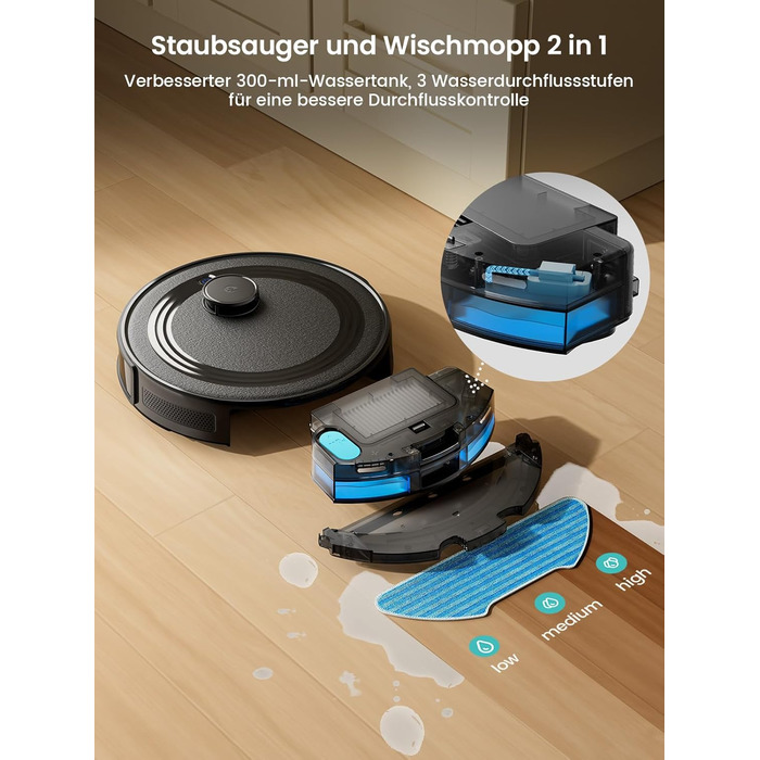 Робот-пилосос LEFANT M2 з функцією миття підлоги, 6000Pa, LiDAR-навігація, зони заборони, керування через APP/Alexa, для шерсті тварин, килимів та твердих підлог (M2B)