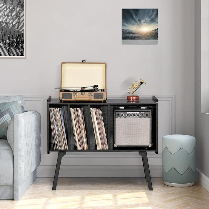 Сумка-органайзер для вінілових платівок LELELINKY: стійка з 4 полицями на 220 платівок, з міцних дерев'яних ніг, Mid-Century дизайн, чорний колір