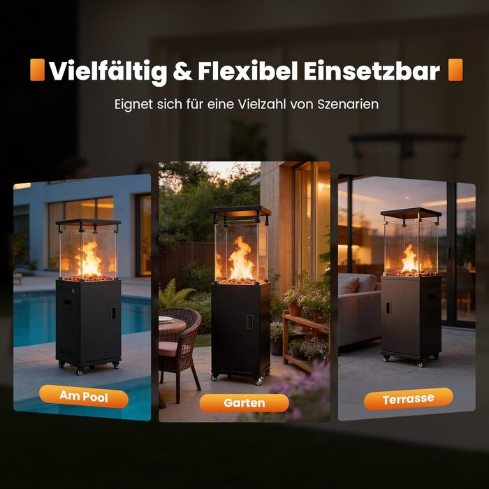 Газовий обігрівач Sweetcrispy для тераси 11 кВт, чорний. Модель для вулиці, з поворотним підставою та захистом від перекидання. Газовий нагрівач для саду та відпочинку на відкритому повітрі. Працює на пропані/бутані. (Газовий балон не входить у комплект)