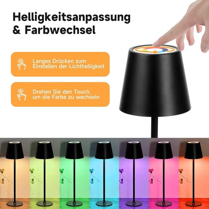 Бездротові LED-лампи настільні, 2 шт. з регулюванням яскравості, 3000K та RGB, перезаряджаються через USB-C, вологостійкі, 5500mAh (Чорний)