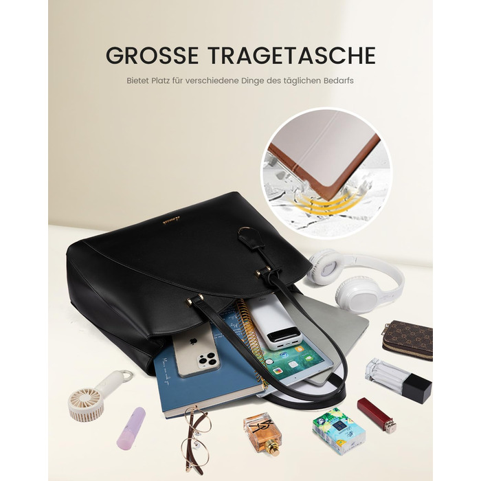 Сумка LOVEVOOK для жінок: велика, для ноутбука, шопер, робоча, офісна, з PU шкіри, чорна (15,6 дюймів)