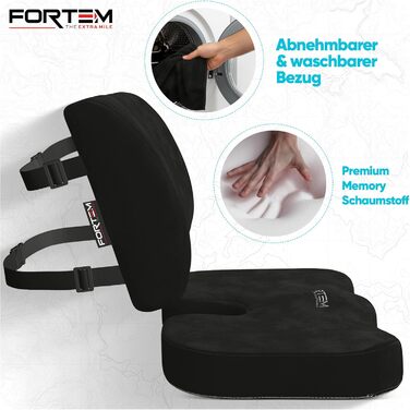 Подушка для сидіння та підтримки попереку FORTEM - м'яка, з Memory Foam, для офісного крісла, авто, геймінгу, чорна, велюр
