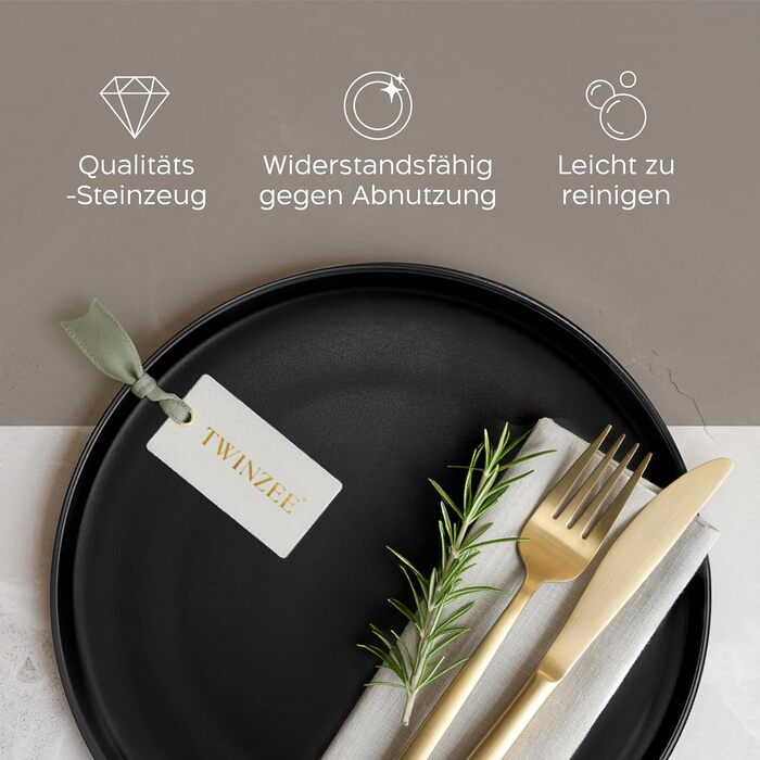 Набір посуду Twinzee Ebony Collection 24 частини: чорні тарілки та чашки з кераміки (стеінгуту) для 6 осіб
