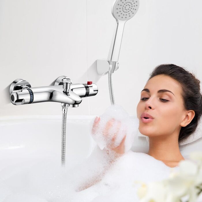 Змішувач для ванни з термостатом, накладний, хром, латунь, з кнопкою безпеки 38°C, для ванни