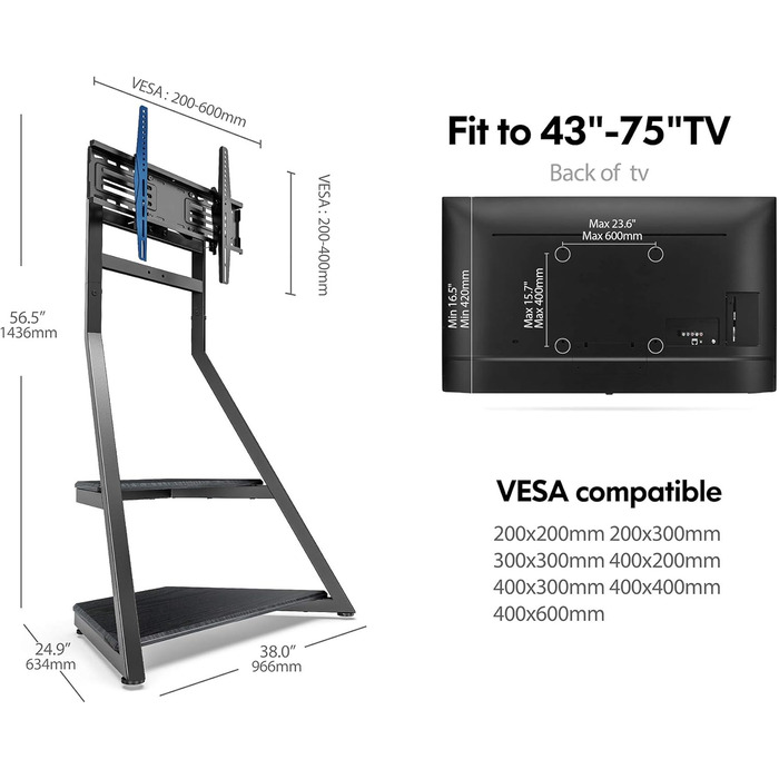 Тумба під телевізор FITUEYES на 43-75 дюймів, регульована по висоті, поворотна, нахил, серія Eiffel Black
