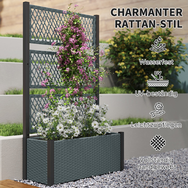 Підвищене грядка з опорою для ліан у стилі ротангу, ящик для квітів з підпірками, 90 x 35 x 148 см, темно-сірий
