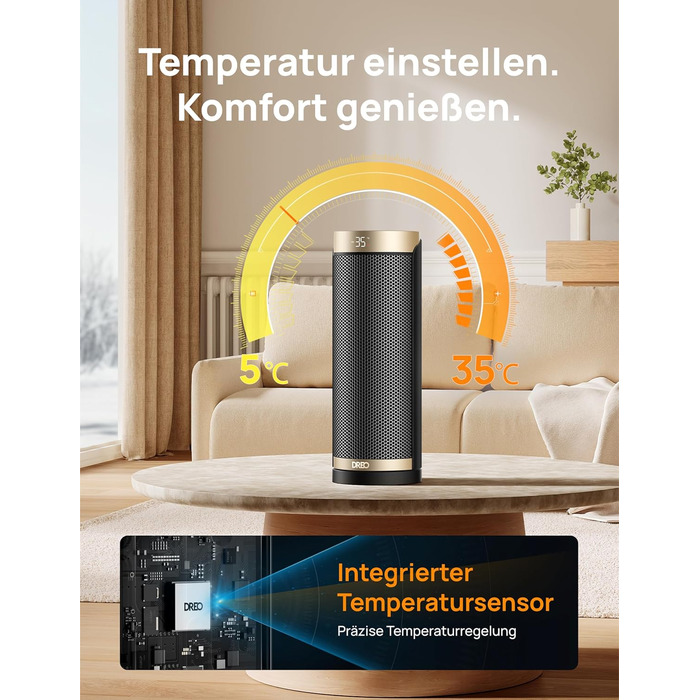 Електричний обігрівач Dreo Solaris Slim H3 з PTC-керамічним нагрівом, Wi-Fi, 3 режими, 3 швидкості, 12-годинний таймер, пульт дистанційного керування, захист від перегріву та перекидання
