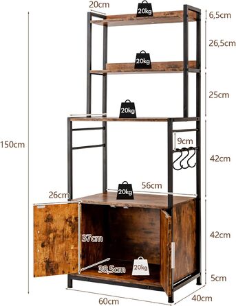 Кухонна полиця COSTWAY з шафою для зберігання, полиця для пекаря з гачками, стояча полиця з полицями, регульовані ніжки, вінтаж