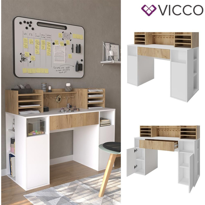 Стіл для рукоділля Vicco - письмовий стіл, 126,8 x 50 см XL з полицями (Білий/Сонома, 126,8x100x50 см)