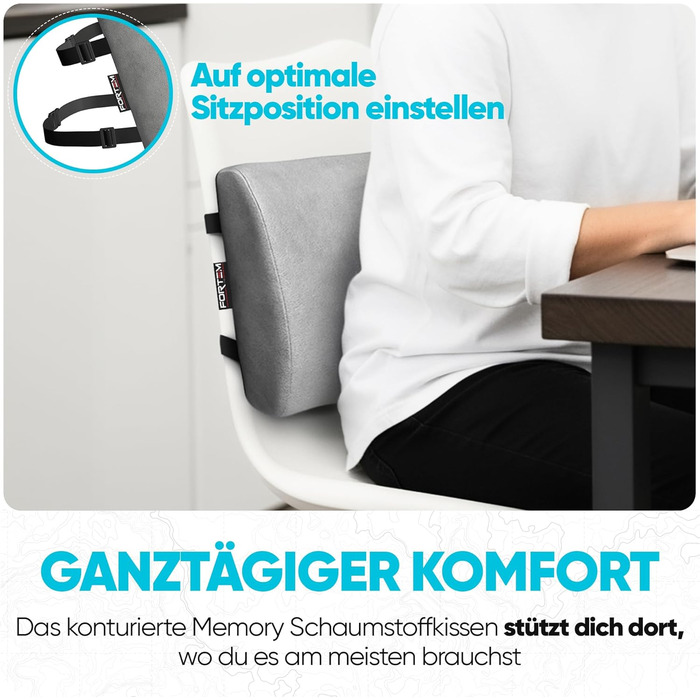 Пояснична подушка-підтримка FORTEM для авто, офісного та ігрового крісла, з ефектом пам'яті (Memory Foam), дихаючий чохол, сірий велюр