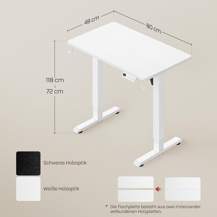 Електричний підйомний стіл WOLTU з функцією пам'яті та захистом від зіткнень, комп'ютерний стіл для дому та офісу, білий, 80 x 48 см