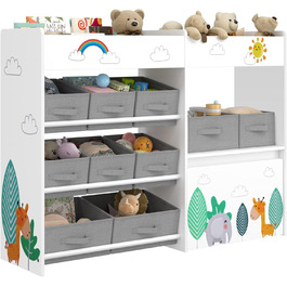 Дитяча полиця для іграшок HOCSOK з 10 тканинними коробками для зберігання, полиця для книг, іграшковий ящик на колесах, органайзер для іграшок у дитячій кімнаті, білий