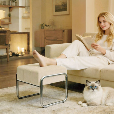 Пуф-табурет з товстим шаром наповнювача, обтягнутий тканиною жакард, з металевими ніжками, ідеально підходить для спальні, бежевого кольору.