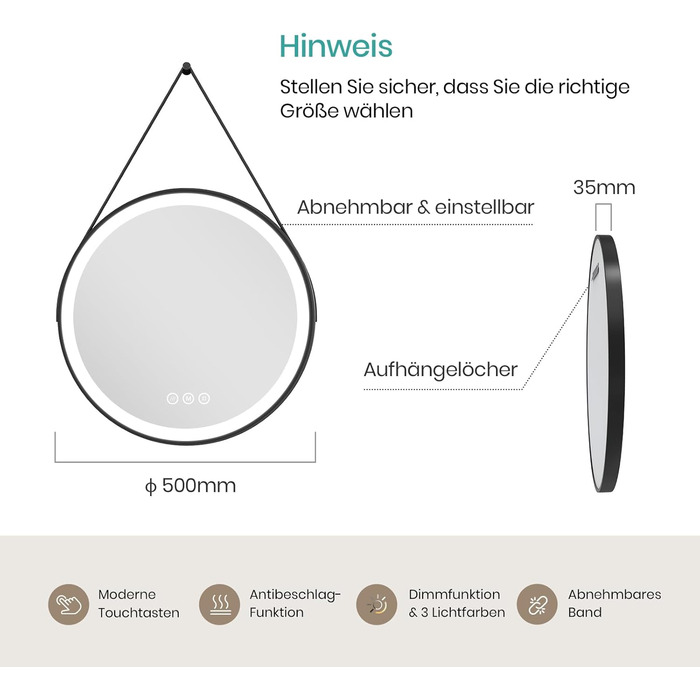 Дзеркало для ванної кімнати EMKE з підсвічуванням, 50 см, кругле, чорний каркас. Дзеркало з регульованою яскравістю, 3 кольори світла, проти запотівання, сенсорне управління та функція пам'яті. Ідеально для ванної кімнати.