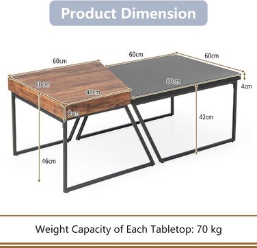 Набір журнальних столиків LIFEZEAL, гніздовий стіл з дерева та металу, прямокутний журнальний столик, стіл для вітальні в індустріальному стилі, 120 x 60 x 46 см, коричневий і чорний