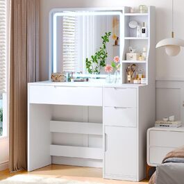 Білий туалетний столик для макіяжу з LED-підсвічуванням та дзеркалом | 3 ящики, 3 полиці, шафка | Столик для макіяжу для спальні