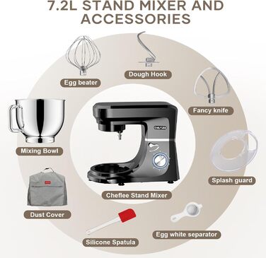 Кухонна машина Cheflee 2000W: потужна планетарна міксер для тіста та збивання, 6 швидкостей, 7.2 л чаша з нержавіючої сталі, гак та вінчик, захист від бризок, чорний