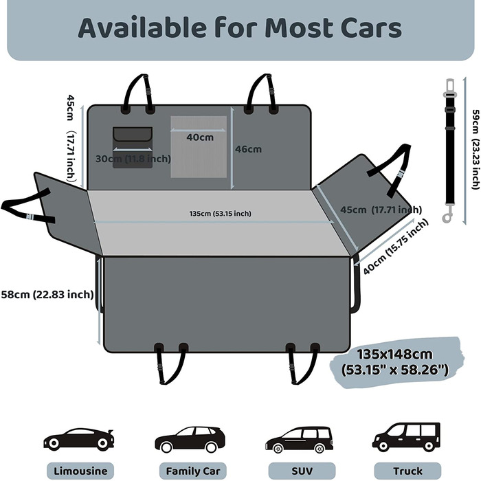 Ковдра для собак KYG для заднього сидіння автомобіля, ковдра для собак заднього сидіння автомобіля з бічним захистом і оглядовим вікном, стійка до подряпин і водостійка Автомобільна ковдра для собак, килимок для собак для заднього сидіння автомобіля, сіри