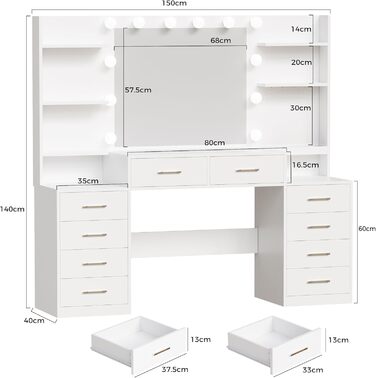 Трюмо BEWISHOME з дзеркалом, регульованою LED-підсвіткою та розетками, 10 шухлядами, 5 полицями, гачками та органайзером для прикрас, сучасний дизайн, білий колір, EFST52W