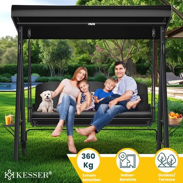 Гойдалка садова KESSER з сонцезахистом, 3-місна, до 360 кг, водостійка, антивідковзкі ніжки, для саду та дому, чорна