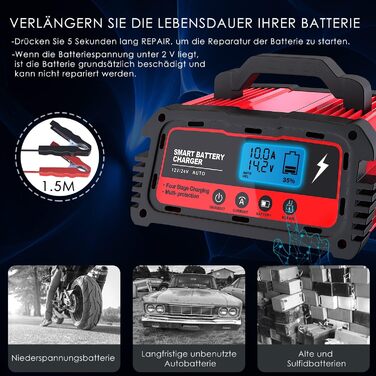 Зарядний пристрій для акумулятора 12V/24V LEICESTERCN - Автомобільний, мотоциклетний, з LCD, 5/10/25A, 6-ступінчастий, з багаторазовим захистом