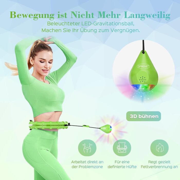 Обруч SPMOVE Hula Hoop для схуднення, розумний обруч для схуднення, регульований на 60-120 см, зі світлодіодним лічильником м'ячів (зелений)