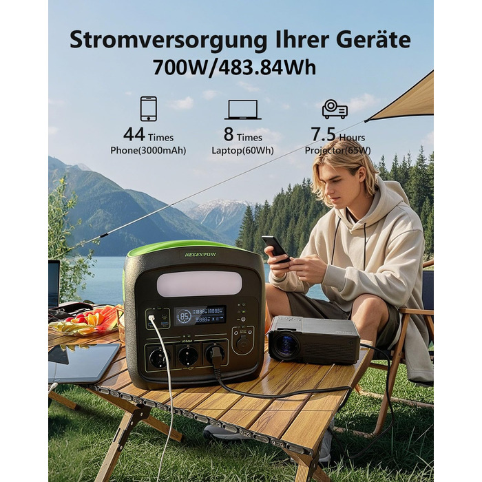 Портативна електростанція NECESPOW N7576 700W (пікова 1400W) 483.84Wh з 3 розетками AC, LiFePO4 акумулятор, чиста синусоїда, USB-C PD100W, сонячний генератор для кемпінгу, дому, CPAP