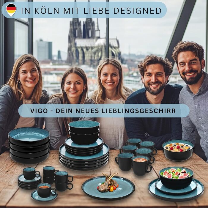 Набір посуду SÄNGER Vigo Kombiservice 30 тг. для 6 осіб: тарілки, чашки, паста, стелінг. Блакитний посуд з чорним обідком. Мікрохвильовка, посудомийна машина, стійкий до подряпин.