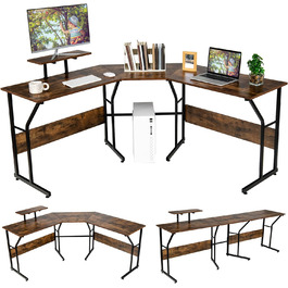 Кутовий стіл COSTWAY Двосторонній, L-подібний стіл з підставкою для монітора, офісний стіл, комп'ютерний стіл, стіл для ПК, ігровий стіл для ігор Домашній офіс (вінтажний) Коричневий